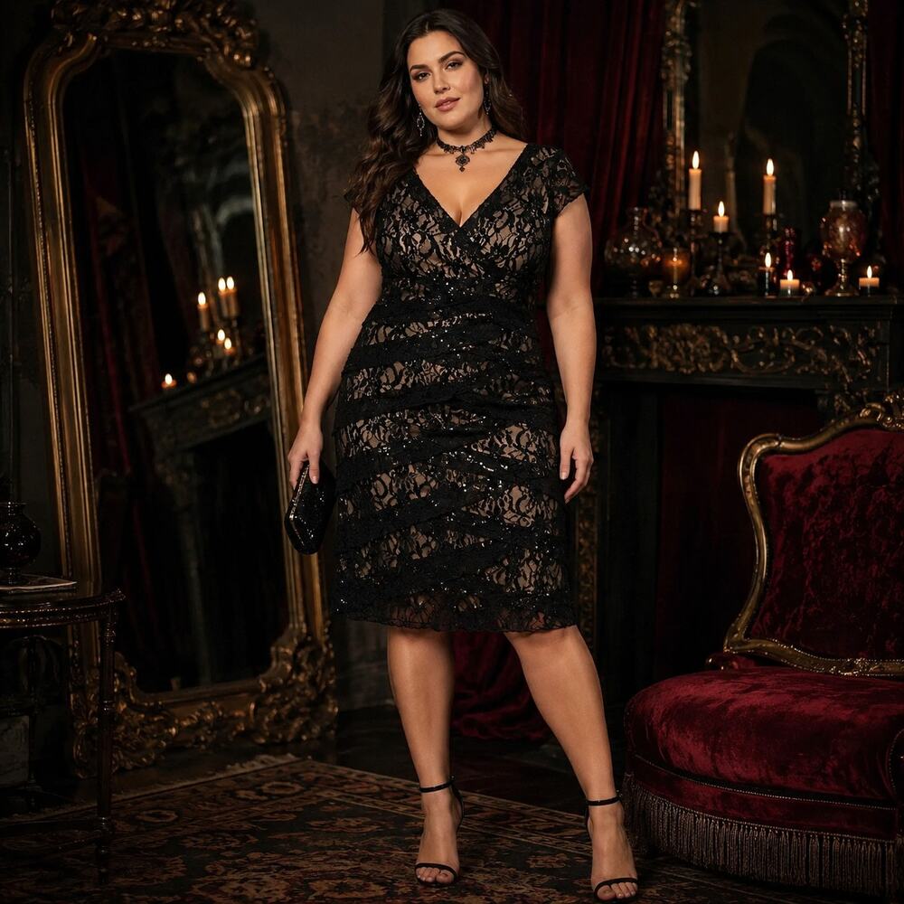 Scarlett Lace Tiered Dress Sz 16 Black Y2K Sequin Goth Romantic Mob Wife Glam